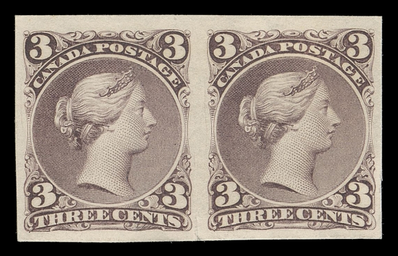 CANADA -  4 LARGE QUEEN  25,Trial colour plate proof pair, engraved, in dark violet red on thick card (0.014" thick), negligible marginal scissor cut between, large margins, brilliant fresh and choice; a rare proof pair with wonderful eye-appeal, XF (Minuse & Pratt 25TCa)