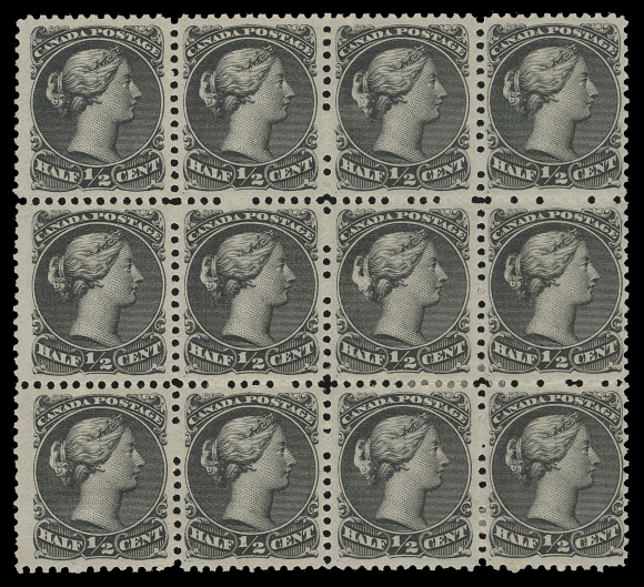 CANADA -  4 LARGE QUEEN  21, iii, iv,Quite well centered mint block of twelve with very clear horizontal mesh, wing margin at left denoting block originates from the first four columns of the sheet, constant spur in scroll left of "H" shows on stamps from second column and Chignon variety on stamps from third column, brilliant fresh with full original gum, relatively lightly hinged to faint trace of hinging; a beautiful block, VF LH