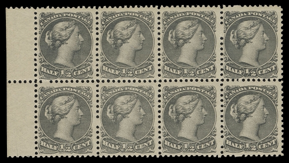 CANADA -  4 LARGE QUEEN  21vi, iv,Left margin mint block of eight, amazing pastel-like shade, perforations severed between second and third stamps in first row, printing ink offset on two stamps, possessing full, dull streaky original gum, characteristic of a Montreal printing and NEVER HINGED. A lovely block in a very distinctive shade that really stands out, F-VF NHConstant variety "spur" in left scroll left of "H" at Positions 22 and 32 and Guide Dot in "D" of "CANADA" shown at Position 31 (as reported by Horace Harrison) on lower left stamp.