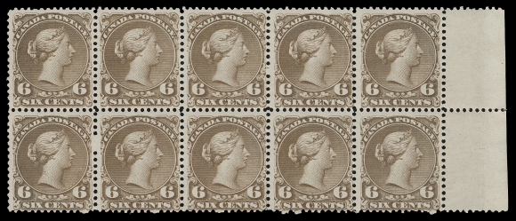 CANADA -  4 LARGE QUEEN  27v,A magnificent mint block of ten in a remarkable state of preservation, displaying exceptionally fresh colour as it was printed more than 150 years ago, on bright fresh white wove paper in flawless condition, quite well centered as a block and especially so on stamps from the top row - a notoriously difficult stamp that nearly always comes off-center to some degree, very light hinge mark on left pair and top centre stamp, amazingly full pristine, dull white streaky original gum, LEAVING SEVEN STAMPS NEVER HINGED. 

A wonderful and important mint multiple of the Large Queen series, of the utmost rarity and beauty, having as well graced some of the most preeminent Canada collections of the past, Fine to Very Fine, Very Lightly Hinged to Never Hinged. (Unitrade cat. $61,000 as stamps alone)

Provenance: Fred Jarrett, Sissons Sale 172, February 1960; Lot 286
General Robert Gill, Robson Lowe Ltd. London, October 1965; Lot 158
Emily Lindsey, Maresch, Sale 210, January 1988; Lot 382

A VERY RARE MINT BLOCK OF TEN, AMONG THE FINEST AND RAREST MINT BLOCKS OF THE LARGE QUEEN SERIES KNOWN TO EXIST. THIS BLOCK HAS BEEN OUT OF SIGHT FROM THE PUBLIC FOR MORE THAN 30 YEARS.


