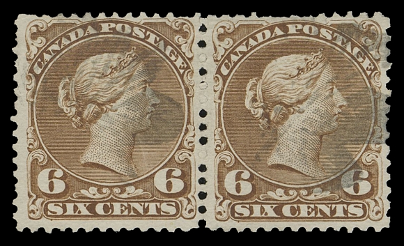 CANADA -  4 LARGE QUEEN  27a,Very attractive pair, a few shortish perfs, each stamp with centrally struck and mostly distinct Fancy Leaf cancellation (either Lacelle 1180 or 1183), scarce, Fine+
