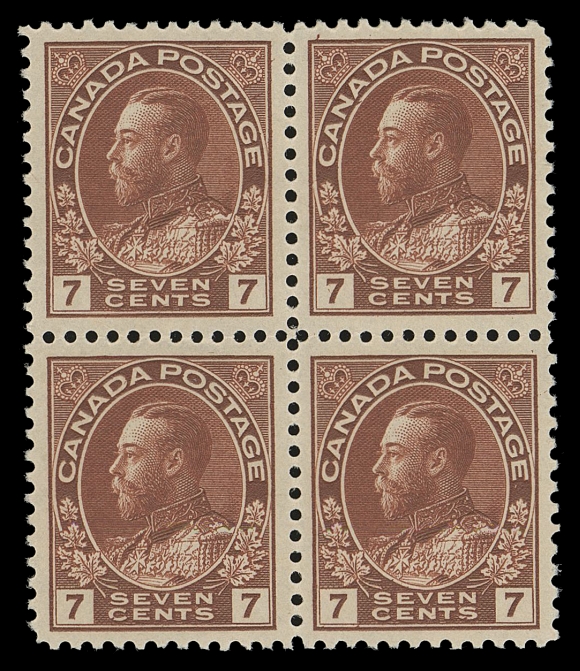 CANADA -  8 KING GEORGE V  114b, v,Well centered mint block of four showing Diagonal Line in "N" of "CENTS" on upper left and lower right stamps (from Plate 8), deep rich colour and full original gum, VF NH; 2021 Greene Foundation cert.