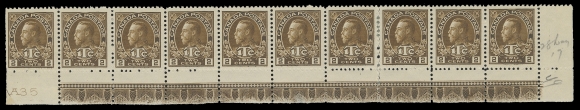 ADMIRAL STAMPS  MR4,A fresh, well centered lower right strip of ten, "A35" imprint below Position 91 and strong, full Type A lathework on others, the imprint "OTTAWA No A35" and printing order "937M" are visible under the lathework at Positions 92, 93 and 99; also prominent DOUBLE lathework (15mm wide) below Position 94. Perfs severed between seventh & eighth stamps strengthened by hinges, end stamps LH leaving six lathework stamps including the key double NH, penciled "28 May 17" date  of acquisition, VF (Unitrade cat. $6,960) Provenance: George Marler, Maresch Sale 143, September 1982; Lot 732Unknown provenance, Maresch Sale 250, December 1990; Lot 1045