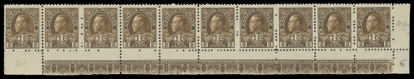 ADMIRAL STAMPS  MR4,A selected, well centered lower right strip of ten, "36" imprint below Position 91 and strong, full Type A lathework on others, prominent DOUBLE lathework varieties - 7mm below Position 94 and 21mm wide (very unusual) below Positions 98-99. Left stamp LH leaving all lathework stamps NH, VF (Unitrade cat. $5,940) Provenance: Unknown provenance, Maresch Sale 250, December 1990; Lot 1046