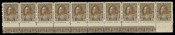 ADMIRAL STAMPS  MR4,Well centered strip of ten from lower right corner, natural  straight edge, "A37 / 937N" imprint and printing order shown  below Position 100; displaying strong, full Type A lathework on  others, DOUBLE lathework (12mm wide) shown below Positions 96 &  97. Perfs severed between seventh & eighth stamps strengthened by hinges, left pair and right stamp hinged leaving five lathework  stamps NH, VF (Unitrade cat. $3,520)