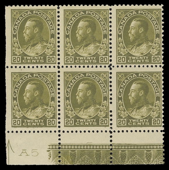 ADMIRAL STAMPS  119c,Mint plate "A5" block with natural straight edge and guide arrow at left, showing full strength Type A lathework with strikingly prominent doubling (16mm wide) below right stamp, "No 5" imprint visible underneath lathework below centre stamp; top centre stamp LH, others NH. A very scarce plate numbered lathework piece, Fine+ (Unitrade cat. is for lathework pair with imprint and doubling)