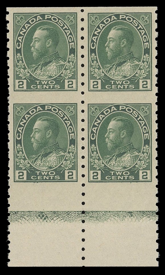 ADMIRAL STAMPS  128ai,A fresh and well centered mint block, rarely seen thus and showing much higher strength Type D lathework than we are accustomed to seeing, negligible nibbed perfs left, full original gum lightly hinged at top, VF+; ex. Harry Lussey (June 1981; Lot 1255)