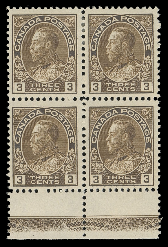 ADMIRAL STAMPS  108,A peerless mint block displaying one of the rarest examples of lathework, the Type C INVERTED plainly visible,  well centered with intact perforations, bright colour and clear impression on fresh paper, hinged at top leaving the important lower pair and sheet margin with pristine original gum, NEVER HINGED. A glorious lathework block of the utmost rarity and desirability, VF OG / NH Provenance: George Marler, Maresch Sale 143, September 1982; Lot 281                   Admiral collection, unknown provenance, Maresch Sale 250, December 1990; Lot 966                   The "Lindemann" Collection - Canada Admiral Issue (private treaty circa 1997)After extensive research for other mint examples, we were only able to find:1) an unused (no gum) block; ex. Stan Lum, September 2013; Lot 1172 and John Smallman, February 2018; Lot 1372) mint NH single; ex. "Crossings", January 2010; Lot 399 and John Smallman, February 2018; Lot 138 We have also seen images of two others: one faulty unused (no gum) and the other mint hinged.