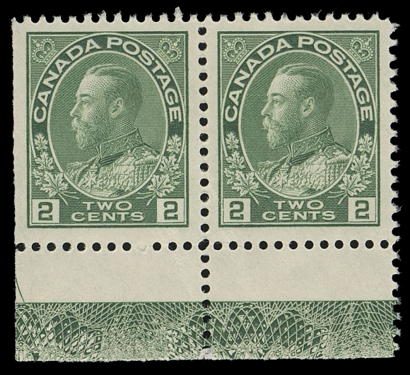ADMIRAL STAMPS  107e,A well centered mint pair in the distinctive dry printing, with nearly full strength Type D lathework, large margins and fabulous fresh colour, part of guide arrow visible at bottom left. A very scarce lathework and printing combination, VF+ LHProvenance: "Lindemann" Collection - Canada Admiral Issue (private treaty circa. 1997)