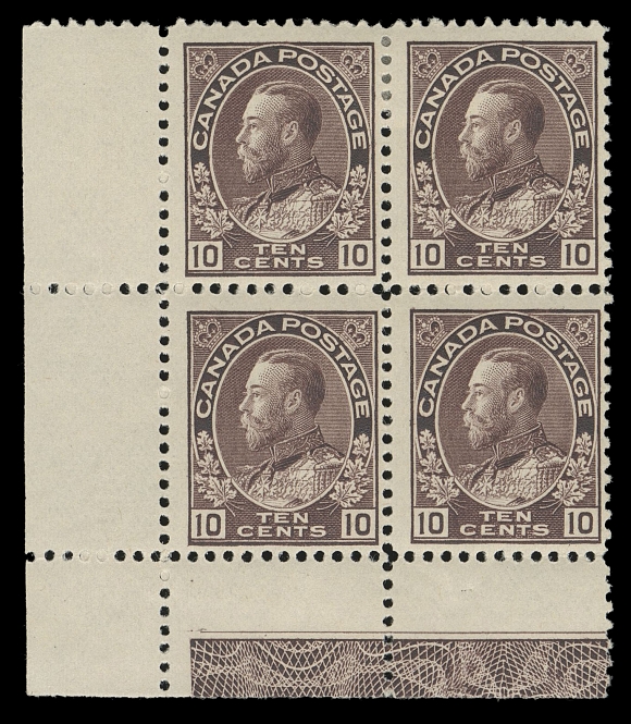 ADMIRAL STAMPS  116,An impressive corner margin block with brilliant fresh colour, showing ideally strong, full strength Type B lathework, which is by far the scarcest type on the 10c plum, a beautiful block that is among a very small number of multiples still extant, hinged at top leaving lower pair NEVER HINGED, Fine+ (Unitrade cat. as two NH singles)We are aware of only two other mint blocks, each with two or three stamps hinged.