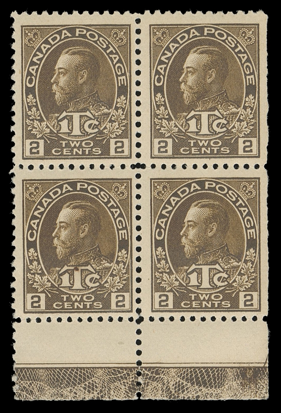 ADMIRAL STAMPS  MR4,A spectacular mint block from the lower right corner of the sheet, displaying the rare Type B INVERTED lathework - a superb, full strength impression with part of guide arrow at right, nicely centered, natural gum inclusion on lower left stamp, NEVER HINGED. A very rare lathework block, VF NHA little over a dozen MR4 with Type B inverted lathework items have been accounted for. Most are singles or pairs, making this block very rare indeed.