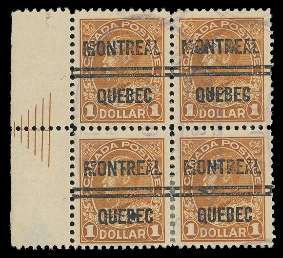 ADMIRAL STAMPS  122iii variety,A quite well centered block with sharp, six-line Pyramid Guide in left  margin, precancelled with city-type Montreal "Style 6", additional lightly struck boxed datestamp; faint scuff at top and few split perfs strengthened by a hinge, a very rare wet printing pyramid guide block, F-VFUnitrade catalogue value is for a fine used pyramid guide block in the common dry printing. Wet printings blocks, mint or used are virtually non-existent.