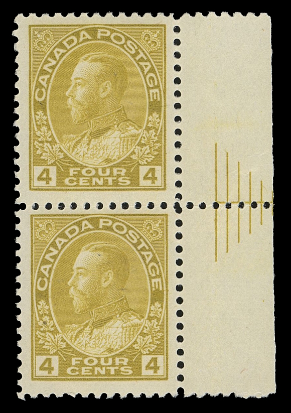 ADMIRAL STAMPS  110b, iv,A noteworthy mint vertical pair showing the very elusive Pyramid Guide in right margin, an unusually strong "six-line" impression clearly visible, nicely centered with deep colour, VF LHAlthough the 4c Pyramid Guideline has a similar catalogue value as the 5c violet on thin or medium paper, it is far more difficult to obtain.