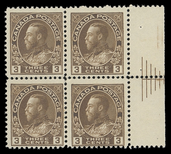ADMIRAL STAMPS  108iv,Mint block of four showing an unusually strong impression of the six-line Pyramid Guide in right margin, lightly folded along perfs, a very scarce block that is under-catalogued in our opinion, Fine+ NH