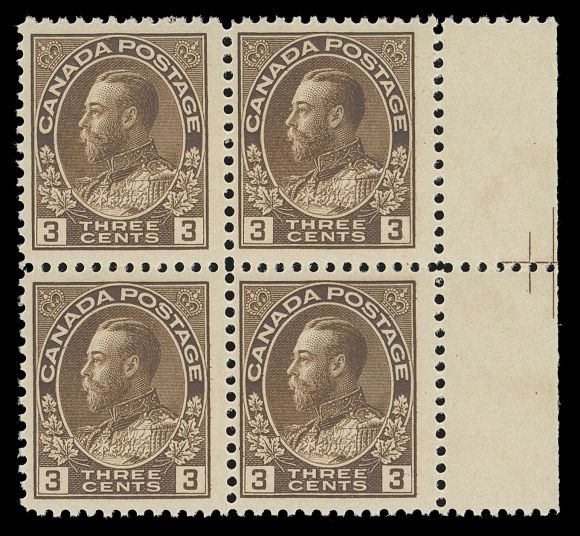 ADMIRAL STAMPS 108iv, variety,A mint positional block showing a most unusual "two-line" Pyramid Guide facing in reverse. An interesting item which we do not recall seeing before, F-VF NH
Provenance: Robert A. Chaplin, Maresch Sale 223, January 1989; Lot 685
The "Lindemann" Collection - Canada Admiral Issue (private treaty circa. 1997)
An extremely rare Pyramid Guide type, after extensive searching for comparable, we were only able to locate one other badly off-centered (and with fault) in the Stan Lum collection (September 2013; Lot 1111 - described then as "Unique Admiral Rarity").