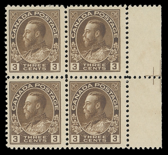 ADMIRAL STAMPS  108iv, variety,A mint positional block showing a most unusual "two-line" Pyramid Guide facing in reverse. An interesting item which we do not recall seeing before, F-VF NH

Provenance: Robert A. Chaplin, Maresch Sale 223, January 1989; Lot 685
The "Lindemann" Collection - Canada Admiral Issue (private treaty circa. 1997)

An extremely rare Pyramid Guide type, after extensive searching for comparable, we were only able to locate one other badly off-centered (and with fault) in the Stan Lum collection (September 2013; Lot 1111 - described then as "Unique Admiral Rarity").