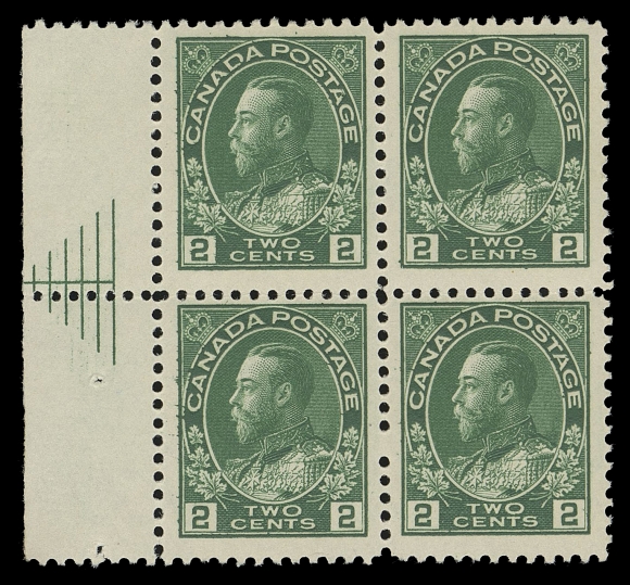 ADMIRAL STAMPS  107iii,An impressive mint block displaying unusually complete six-line Pyramid Guideline in left margin, fabulous rich colour on a distinctive medium wove paper, very scarce, F-VF NH
