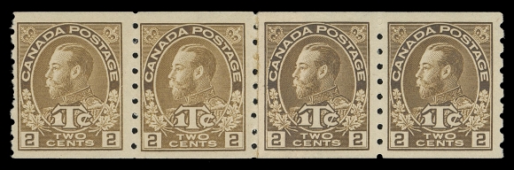 ADMIRAL STAMPS  MR7a, iii, iv,Paste-up mint coil strip composed of two distinctive shade pairs, yellow brown and brown shade respectively, short perfs at left but striking, VF LH
