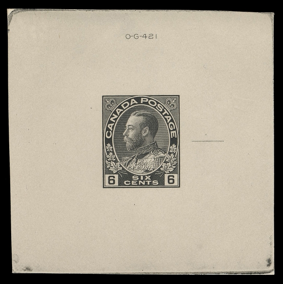 ADMIRAL PROOFS  Large Die Essay, prepared but never issued, printed in black  directly to card (0.0085" thick) measuring 61 x 61mm; nearly full sinkage and showing die number "OG-421" at top and engraver