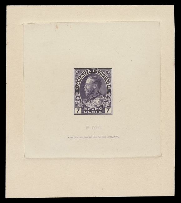 ADMIRAL PROOFS 113,Large Trial Colour Die Proof in dark purple on india paper 63 x 63mm, die sunk on larger card measuring 78 x 89mm; showing die number "F-214" and ABNC imprint 64 x 63mm, archival adhesive marks on reverse. Believed to be the only existing die proof in this colour - no other Seven cent proof come close to this colour, VF and attractive. (Minuse & Pratt 113TC1c) ex. Stan Lum (September 2013; Lot 870)