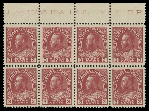 ADMIRAL STAMPS  109,A superb Plate 142 block of eight, very well centered with large margins, bright colour, a few split perfs in selvedge only, unusually choice, XF NH (Unitrade cat. $720)