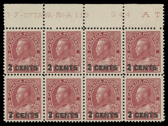 ADMIRAL STAMPS  139,A well centered Plate 115 block of eight, bright fresh colour, VF NH (Unitrade cat. $1,500)