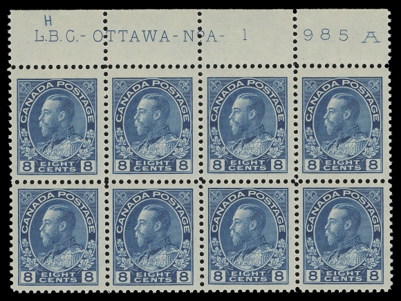 ADMIRAL STAMPS  115,A selected Plate 1 block of eight, etched "H" above "L.B.C." characteristic of upper left pane, very well centered with large margins, fabulous colour and pristine original gum. A wonderful plate block, XF NH (Unitrade cat. $1,440+)