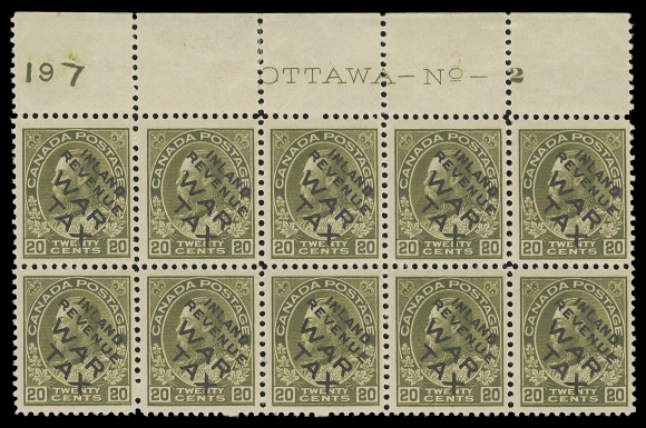 ADMIRAL STAMPS  MR2Ci,An extraordinary Plate 2 block of ten, printing order number "197" at top left, nicely centered with rich colour, lower centre stamp with tiny gum thin and hinged, three others VLH leaving six NEVER HINGED. A very rare and impressive War Tax large plate block, ideal for a serious collection, VF (Unitrade cat. $6,000)