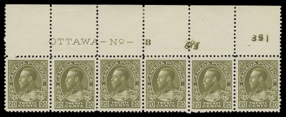 ADMIRAL STAMPS  119,A selected, well centered Plate 3 strip of six, original order number "313" etched off and replaced with "351" at right, a few split perfs and hinged once in the selvedge, stamps are VF NH; a rare and appealing plate multiple. (Unitrade cat. $2,700)Interestingly enough the plate number "3" is clearly doubled with two side-by-side impressions visible.