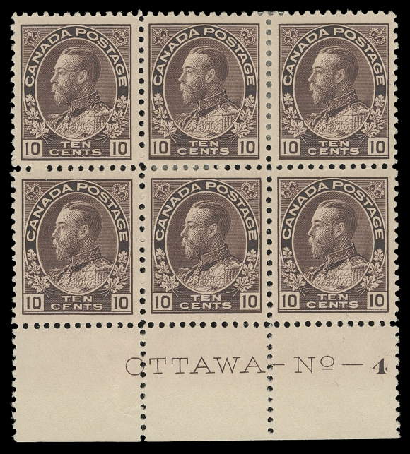 ADMIRAL STAMPS  116,A precisely centered lower margin Plate 4 block of six, radiant colour on fresh paper with three stamps NH, a rare and attractive plate block, XF (Unitrade cat. $4,800)
