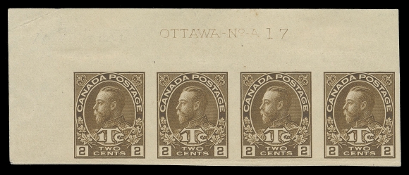 ADMIRAL STAMPS  MR4c,A spectacular top left corner margin imperforate Plate 17 strip of four from the much scarcer die, in the characteristic deeper shade. This plate multiple originates from the UNIQUE imperforate Die II sheet; immaterial crease entirely confined to margins, ungummed as issued, VF (Unitrade $6,000 as two pairs)A UNIQUE IMPERFORATE WAR TAX PLATE MULTIPLE THAT ONCE GRACED THE IMPORTANT JEPHCOTT COLLECTION. AN ABSOLUTE SHOWPIECE.