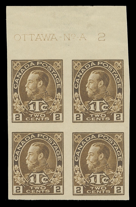 ADMIRAL STAMPS  MR4b,A very rare imperforate plate block showing full Plate 2 inscription in top margin, ungummed as issued, VF; ex. C.M. Jephcott (private sale, circa. 1980s)
