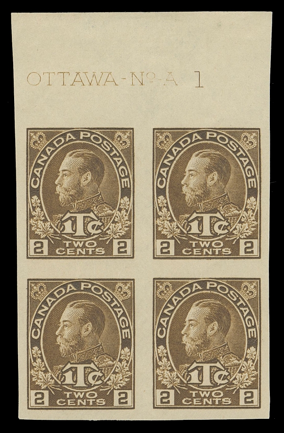 ADMIRAL STAMPS  MR4b,A very rare imperforate plate block showing full Plate 1 inscription in top margin, ungummed as issued, VF; ex. C.M. Jephcott (private sale, circa. 1980s)