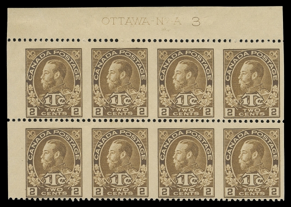 ADMIRAL STAMPS  MR4ii,Top left corner margin plate block of eight imperforate vertically with complete Plate 3 inscription, characteristic centering for this part-perforate issue and very rare as a plate block, F-VF; ex. C.M. Jephcott (private sale circa. 1980s)The 2c+1c brown War Tax stamps from Plate 3 and 4 were never issued as a regular perforated stamps. These part perforate stamps were prepared from sheets printed from plates designated for the coil issue.