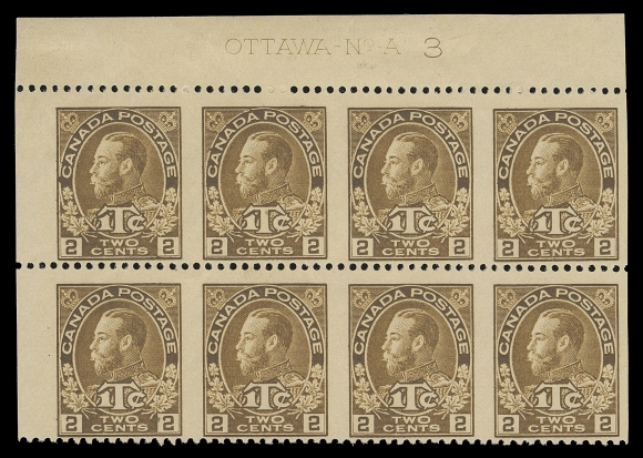 ADMIRAL STAMPS MR4ii,Top left corner margin plate block of eight imperforate vertically with complete Plate 3 inscription, characteristic centering for this part-perforate issue and very rare as a plate block, F-VF; ex. C.M. Jephcott (private sale circa. 1980s)
The 2c+1c brown War Tax stamps from Plate 3 and 4 were never issued as a regular perforated stamps. These part perforate stamps were prepared from sheets printed from plates designated for the coil issue.