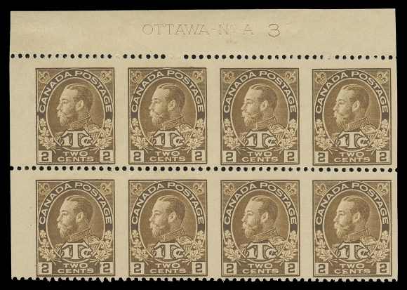 ADMIRAL STAMPS  MR4ii,Top left corner margin plate block of eight imperforate vertically with complete Plate 3 inscription, characteristic centering for this part-perforate issue and very rare as a plate block, F-VF; ex. C.M. Jephcott (private sale circa. 1980s)

The 2c+1c brown War Tax stamps from Plate 3 and 4 were never issued as a regular perforated stamps. These part perforate stamps were prepared from sheets printed from plates designated for the coil issue.