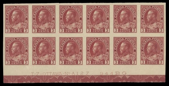 ADMIRAL STAMPS  138,Matching set of three lower margin imperforate Plates 126, 127 & 128 blocks of twelve, each displaying full, strong Type D lathework, each hinged to lightly hinged with some NH stamps; Plate 126 has light crease on left vertical pair, VF (Unitrade cat. $2,500+ as hinged)