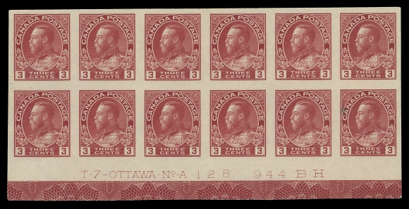 ADMIRAL STAMPS 138,Matching set of three lower margin imperforate Plates 126, 127 & 128 blocks of twelve, each displaying full, strong Type D lathework, each hinged to lightly hinged with some NH stamps; Plate 126 has light crease on left vertical pair, VF (Unitrade cat. $2,500+ as hinged)
