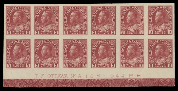 ADMIRAL STAMPS  138,Matching set of three lower margin imperforate Plates 126, 127 & 128 blocks of twelve, each displaying full, strong Type D lathework, each hinged to lightly hinged with some NH stamps; Plate 126 has light crease on left vertical pair, VF (Unitrade cat. $2,500+ as hinged)