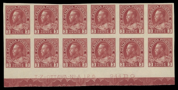 ADMIRAL STAMPS  138,Matching set of three lower margin imperforate Plates 126, 127 & 128 blocks of twelve, each displaying full, strong Type D lathework, each hinged to lightly hinged with some NH stamps; Plate 126 has light crease on left vertical pair, VF (Unitrade cat. $2,500+ as hinged)