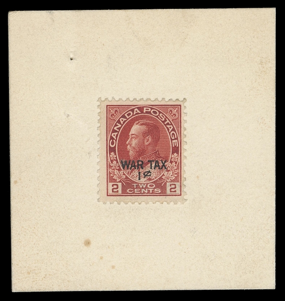 ADMIRAL PROOFS MR3,Composite Essay of an unused 2c carmine affixed to archival card 63 x 66mm, two-line black "WAR TAX / 1¢" added in printing ink by the designer, not approved and quite likely UNIQUE, a great showpiece, VF; ex. "Scenic" (Sam Nickle) Collection of Proofs & Essays (November 1982; Lot 2317) (Unlisted in Minuse & Pratt)