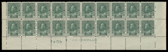 ADMIRAL STAMPS  104b,Lower right Plate 4 strip of twenty with printing order number "83", radiant colour and unusually well centered for a large multiple, small thin on second stamp in lower row, hinged on bottom left and top centre pairs leaving sixteen NH. A remarkable early plate block, VF (Unitrade cat. $3,120)