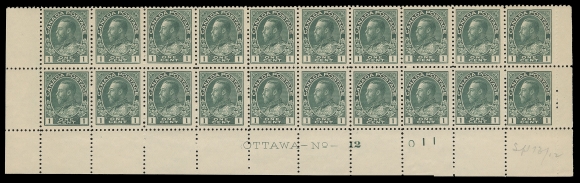 ADMIRAL STAMPS  104b,Lower left Plate 12 strip of twenty in a deeper shade, with printing order number "110", exceptionally rich colour and sharp impression on fresh paper, quite well centered for such a large multiple, small thin on top right stamp; penciled "Spt 13 / 12" date of acquisition. A fabulous plate block, VF NH (Unitrade cat. $3,480) 