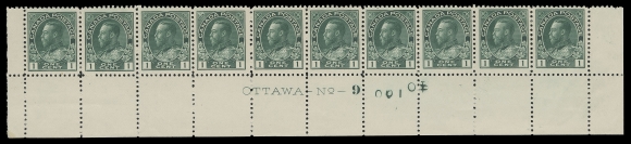 ADMIRAL STAMPS  104b,A remarkably fresh, well centered lower right Plate 9 strip of ten with printing order number "100", tiny adhesion spot on right stamp, fabulous colour, VF NH (Unitrade cat. $1,800)