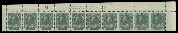 ADMIRAL STAMPS  104b,Upper right Plate 29 strip of ten with printing order number "131", rich colour and very well centered as a strip, LH in selvedge only, stamps VF NH (Unitrade cat. $1,800)