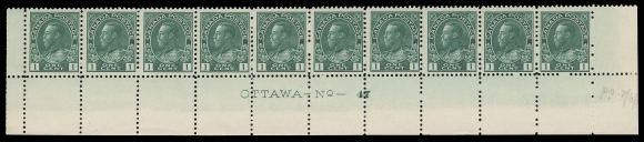 ADMIRAL STAMPS  104c,Lower right Plate 47 strip of ten with amazing deep colour and post office fresh. A very scarce early shade plate multiple in choice condition, F-VF NH (Unitrade cat. $2,800)