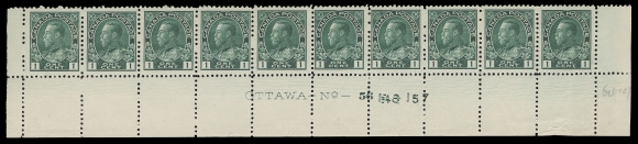 ADMIRAL STAMPS  104b, shade,Matching lower margin strips of ten with consecutive plate numbers - Plate 54 strip in a deeper shade, well centered and VF NH; Plate 55 bright blue green, left stamp hinged, others Fine NH; Plate 56 in similar shade but showing "hairlines" mostly in lower margin, right stamp hinged with light crease, seven stamps NH, F-VF; last two with initial printing order number "146" etched out and replaced with "157". A rare and very appealing trio. (Unitrade cat. $2,932)