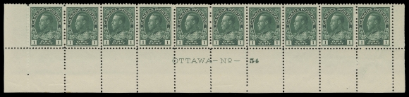 ADMIRAL STAMPS  104b, shade,Matching lower margin strips of ten with consecutive plate numbers - Plate 54 strip in a deeper shade, well centered and VF NH; Plate 55 bright blue green, left stamp hinged, others Fine NH; Plate 56 in similar shade but showing "hairlines" mostly in lower margin, right stamp hinged with light crease, seven stamps NH, F-VF; last two with initial printing order number "146" etched out and replaced with "157". A rare and very appealing trio. (Unitrade cat. $2,932)