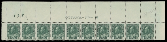 ADMIRAL STAMPS  104b,Upper right Plate 61 strip of ten with printing order number "157" in choice condition, lovely rich colour, well centered, LH in selvedge only, stamps VF NH; penciled "Oct 23 