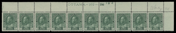 ADMIRAL STAMPS  104,Matching upper right Plates 75 & 76 strips of ten with printing  order number "194", both equally well centered with rich colour  on bright fresh paper, LH in top selvedge, leaving stamps NH; a  very attractive duo, penciled on same day "18 May 